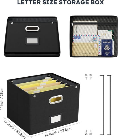 Oterri File Organizer Box with Lid,Large Hanging Filing Box with Mesh Pocket, Document c for Letter Files, Portable Storage Case with Smooth Sliding Rail for Office&Home (1 PCS, Black)