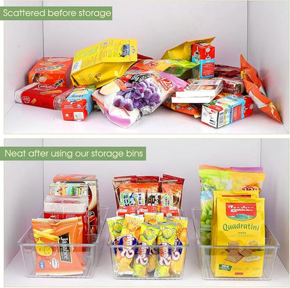 ZIZOTI Snack Organizer for Pantry Shelf, 8 Pack Clear Plastic Pantry Storage Bins with 3 Dividers for Snacks, Spices, Chips Food Organizer, Stackable Pantry Organizers for Kitchen, Fridge, Cabinet
