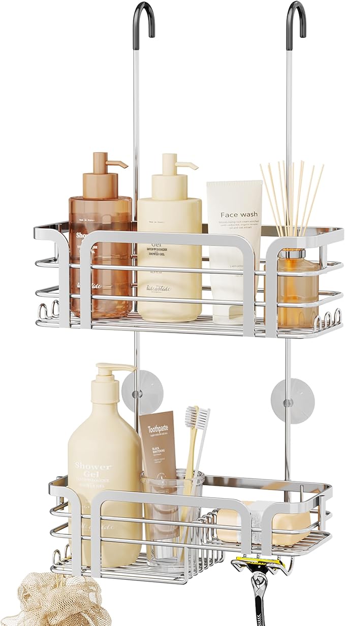 SWTYMIKI Shower Caddy Hanging Organizer - Over the Door Shower Caddy with Soap Holder, 11 Hooks, 2 Installation Ways, Stainless Steel Rustproof Bathroom Organizer, Silver
