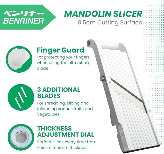 Benriner Mandoline Super Slicer, with 4 Japanese Stainless Steel Blades, BPA Free, 14.5 x 5.25-Inches, Official US Version with Authentic Retail Packaging