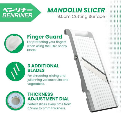 Benriner Mandoline Super Slicer, with 4 Japanese Stainless Steel Blades, BPA Free, 14.5 x 5.25-Inches, Official US Version with Authentic Retail Packaging