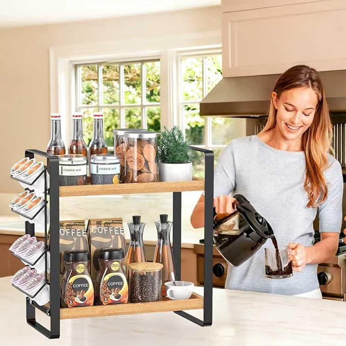 LEMIKKLE Coffee Station Organizer for Counter,Condiment Storage Caddy for Kitchen,2 Tier Wooden Shelf for Coffee Bar Accessories,Coffee Bar Organizer for Kitchen, Home, Office-Brown