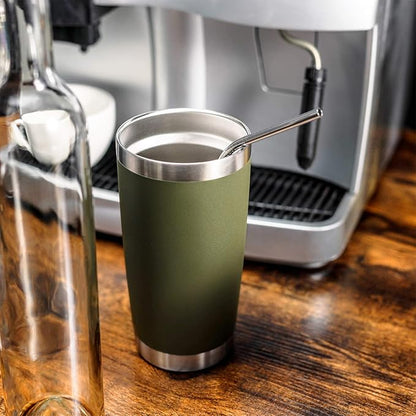 COMOOO 20oz Double Wall Vacuum Insulated Travel Mug, Stainless Steel Tumbler with Lid and Straw Durable Powder Coated Insulated Coffee Cup for Cold & Hot Drinks (Army Green, 12 pack