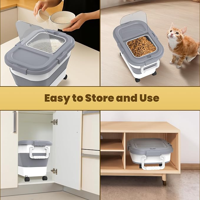 HOYTAMDA 20-30Lbs Rice Container,Collapsible Airtight Food Storage Containers with Wheels,Handle,Rice Storage Container with Small Bin and Scoop