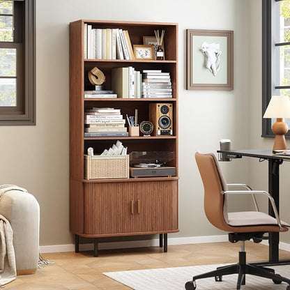 ONBRILL 71" Tall Bookshelf, 4-Tier Bookcase with Storage Cabinet & Adjustable Storage Shelf, Freestanding Wood Bookshelf with Sliding Door and Adjustable Footpad, for Home Office, Living Room, Walnut