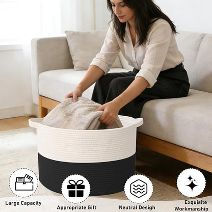 115L Extra Large Blanket Basket,Woven Rope Laundry Basket Hamper with Handles, Decorative Nursery Basket Storage Bin for Toys, Clothes Organizer, Living Room, Bedroom, Bathroom, White&Black