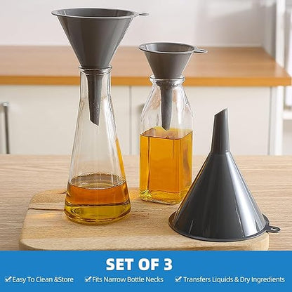 Plastic Kitchen Funnel Set of 3, Round Kitchen Funnels for Filling Bottles, Durable and Multifunctional Funnels for Filling Canning, Cooking, Lab or Car Oil (Gray)