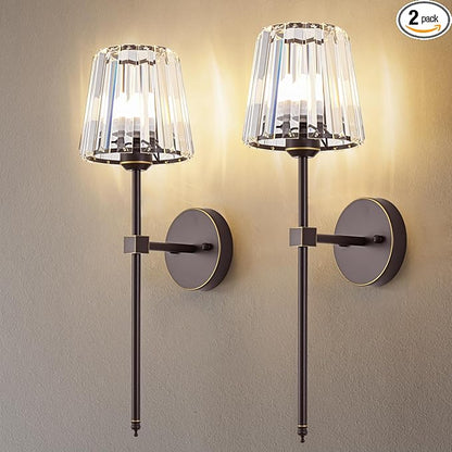 Crystal Battery Operated Wall Sconces Set of 2, Brown and Gold Rechargeable Wireless Wall Lights with Crystal Lampshade, 12 RGB and 3CCT Dimmable Wall Lamps with Remote for Bedroom Living Room Hallway