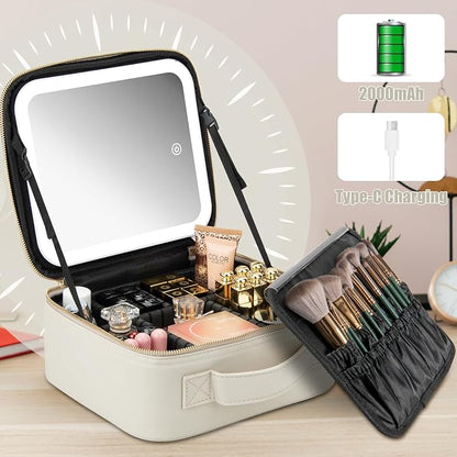 Extrei Gent Makeup Travel Train Case with Mirror LED Light 3 Adjustable Brightness Large Cosmetic Bag Portable Storage Adjustable Partition Waterproof Make up Brushes Makeup Jewelry Gift for Women