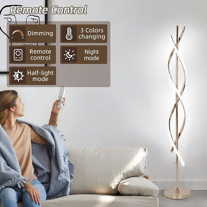 LED Modern Floor Lamp for Living Room, 40W 3 Colors Stepless Dimmable and Color-Changing Bright Floor Standing Lamp,60" Unique Spiral Floor Tall Lamp for Bedroom Office with Remote,Gold