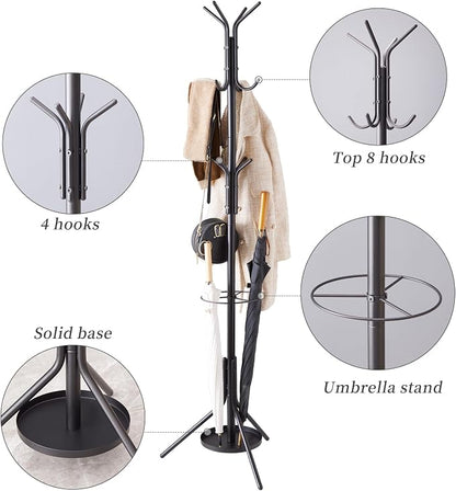 Kitsanery Coat Rack Freestanding,Metal Coat Tree with Umbrella Holder,Hat and Coat Rack Stand for Entryway, Hallway, Living Room, Bedroom (Black)