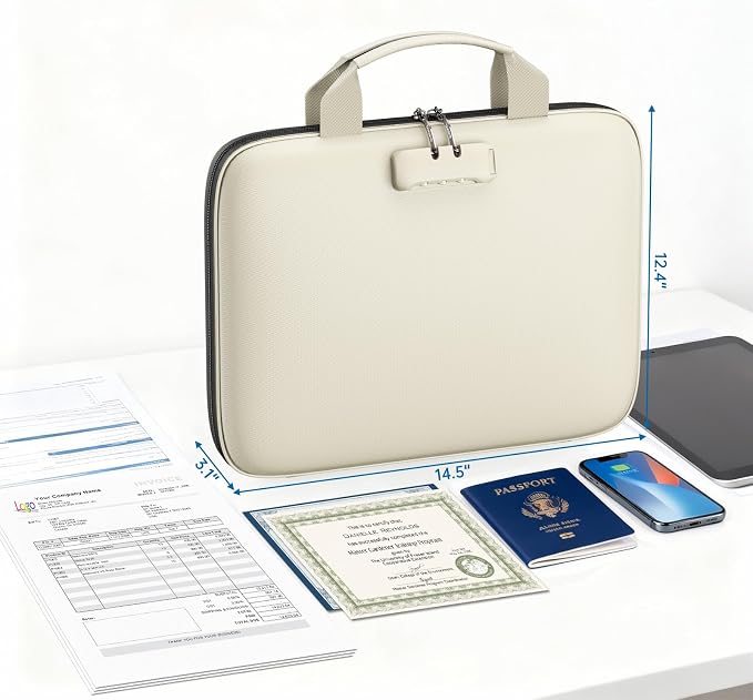 Binder Folders Organizer with 20 Pack Heavyweight Plastic Pockets,Fireproof File Folder Box with Lock,Zipper Binder Bag for Important Documents,Letter Size,Beige