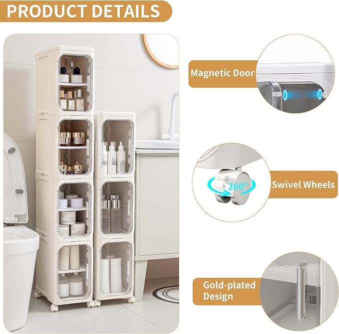 2-Tier Slim Narrow Bathroom Storage Cabinet, Cream White | Tool Free Assembly, Adjustable shelves, Fits for Narrow Spaces, Lockable Wheels, Magnetic Clear Door