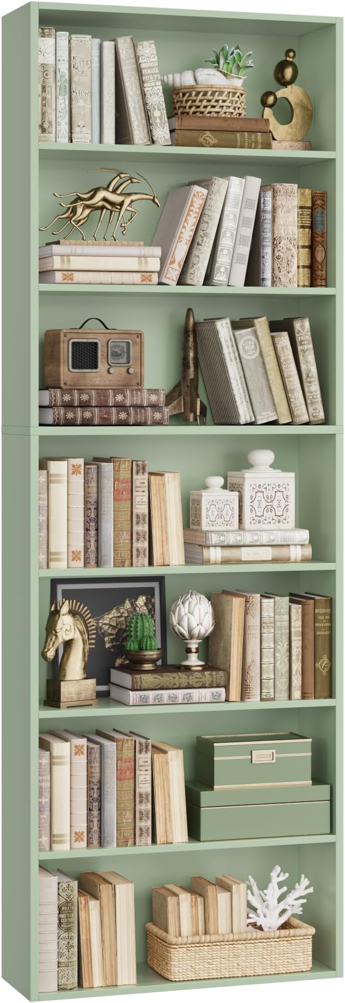 FACBOTALL 82" Tall Bookshelf, 7-Tier Open Shelves Bookcase, Freestanding Display Storage Shelves, Tall Bookcase Home Decor Furniture for Home Office, Living Room, Bedroom, Green