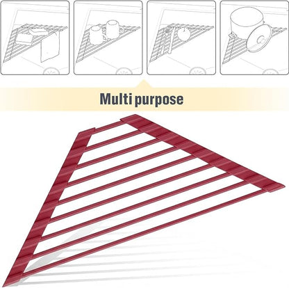 Tomorotec Small Triangle Roll-Up Dish Drying Rack with Silicone Coating Stainless Steel Frame for Sink Corners, Multipurpose Over-The-Sink Kitchen Drainer & Organizer for Space-Saving Storage-Wine red