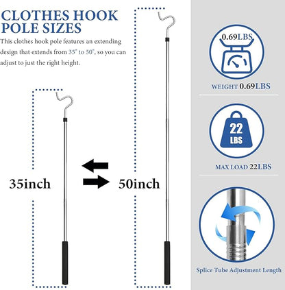 Clothes Hook Pole, Clothes Hanger Reaching Hook for Hanging Clothes Light and Plants Extendable from 35" to 50" Made of Stainless Steel Tube with Sponge Handle (50inch)