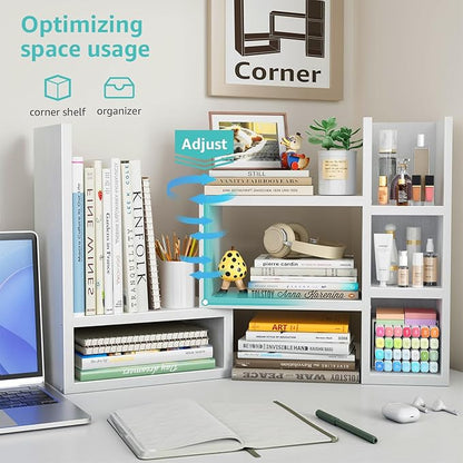 NUTIKAS Desk Shelves Desktop Organizer Shlef - White Office Organization for Top of Desk Organizers and Accessories Corner Bookshelf Table Top Shelving Small Hutch Decorations for Women Office