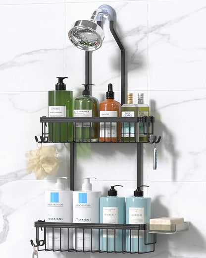 YASONIC Never Rust Shower Caddy Hanging, Aluminum Shower Racks for Inside Shower, 2-Tier Shower Organizer Hanging Over Shower Head with Hooks and Soap Holder, Black