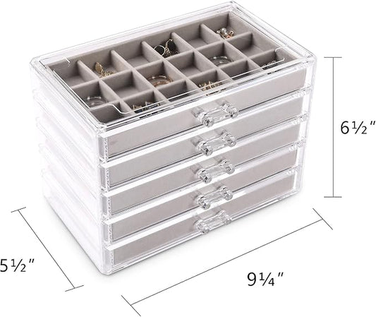 Frebeauty Acrylic Jewelry Organizer Earring Organizer Box with 5 Drawers Earring Holder Organizer with Velvet Trays Clear Jewelry Box for Women Earring Display for Rings Studs(Grey)