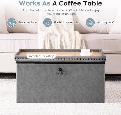 oakvivo 30 Inches Folding Storage Ottoman Bench, Leather End of Bed Foot Rest Stools with Button Tufted Rivet Design, Ottoman with Padded Seat for Bedroom, Living Room, Entryway, 330 lb, Grey