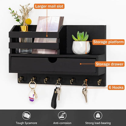 dreampossible Key and Mail Holder for Wall, Mail Organizer Wall Mount with 6 Hooks and Storage Drawer, Wooden Key Rack Hanger with Shelf for Entryway and Home Decor