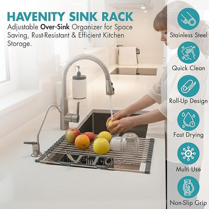 HAVENITY™ Expandable Roll Up Dish Drying Rack - Adjustable Up to 22.75" with 2 FREE Attachments & 2 Removable Baskets, 304 Stainless Steel Over The Sink dish Drying Rack Cover Kitchen Sink Accessories