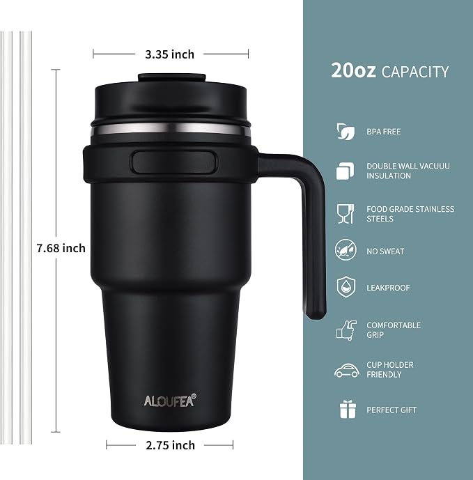 20 oz Insulated Coffee Mug Tumbler with Handle, Stainless Steel Travel Mug Tumbler with Lid and Straw,Double Wall Vacuum Leak Proof Ice Coffee Thermal Cup, Sky Blue