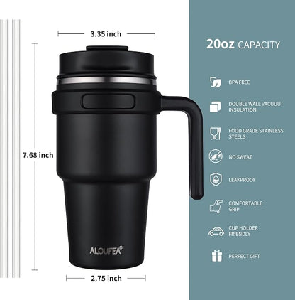 20 oz Insulated Coffee Mug Tumbler with Handle, Stainless Steel Travel Mug Tumbler with Lid and Straw, Double Wall Vacuum Leak Proof Ice Coffee Thermal Cup, Lavender Glitter
