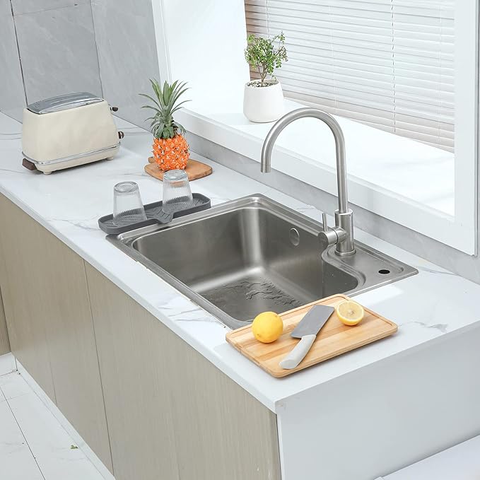 MicoYang Silicone Soap Dish with Drain Spout — Self-Draining Double Sink Organizer Tray for Kitchen & Bathroom, Dispensers, Sponges & Soap Holder, Non-Slip & Dishwasher Safe, Grey (Large, 12"×4")