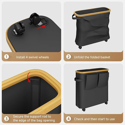 VITVITI Toilet Paper Storage Basket with Lid, Bathroom Toilet Paper Holder Organizer for 9-12 Rolls Large Capacity, Foldable Fabric Bamboo Toilet Paper Container with Pockets, Medium (Black)