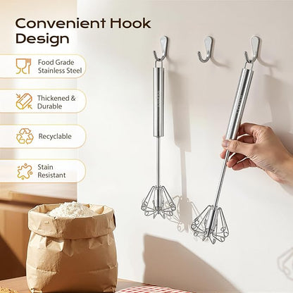 Upgraded Stainless Steel Semi-Automatic Whisk, Easy Push Hand Whisks for Eggs, Cream, Coffee & Light Mixing, Easy Clean Kitchen Whisk for Everyday Cooking (10in)