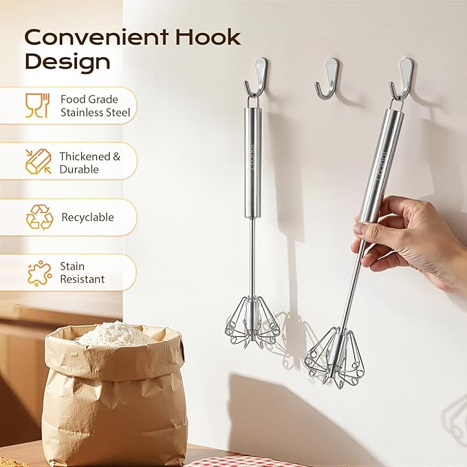 Upgraded Stainless Steel Semi-Automatic Whisk, Easy Push Hand Whisks for Eggs, Cream, Coffee & Light Mixing, Easy Clean Kitchen Whisk for Everyday Cooking (10+12in)