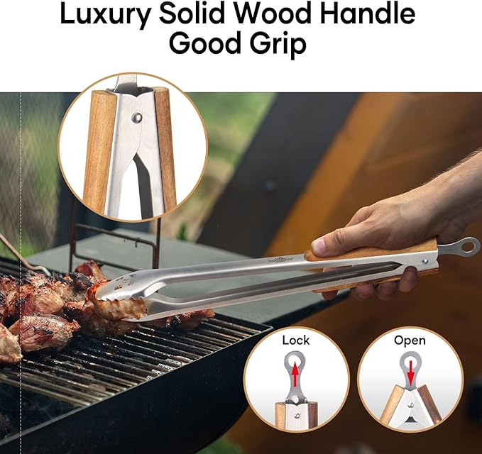 XUDAKAIXIN 25-Inch Very Long Stainless Steel BBQ Tongs with Extended Luxurious Acacia Handle – Durable and Easy-to-Clean Grilling Tool for Cooking, Kitchen Use, and Outdoor Barbecues