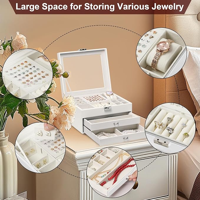Yoobao Jewelry Boxes for Women with Transparent Lid, 3 Layers Jewelry Organizers and Storage for Necklaces Earrings Bracelets Rings, Ideal Present for Christmas Thanksgiving Birthday Mother's Day