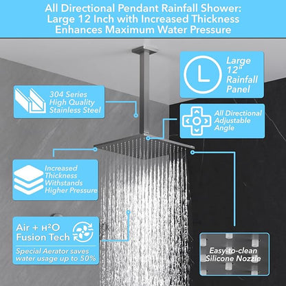 VANFOXLE Shower Faucet Set Brushed Nickel Shower System, Push Button Diverter Shower Faucet with Trim Kit, Ceiling Mount 12 Inch Shower Head Increased Thick, 6 Inch Side Shower Head, 2-in-1 Handheld