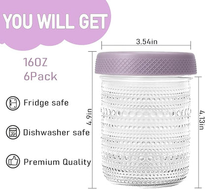 WACOI Overnight Oats Containers 16oz with Lids, 6 Pack Wide Mouth Mason Jars with Airtight Lids, Glass Food Storage Containers for Pickling, Fermenting, Snacks, Salad, Yogurt, Spice
