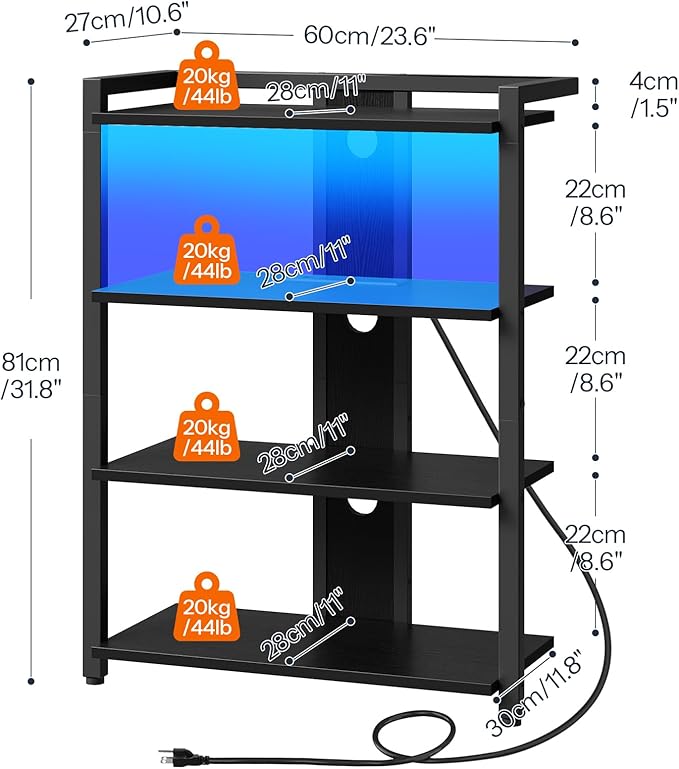 HOOBRO 4-Tier AV Media Stand, Media Console with Charging Station and LED Light, Wooden Stereo Cabinet, Corner TV Stand, Record Player, Entertainment Device Stand, Black BB42UDCJ01