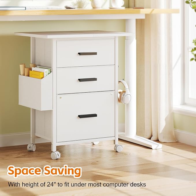 Mexin 3 Drawer File Cabinet with 22'' Extended Desktop, Mobile Filing Cabinet, Printer Stand, Rolling Printer Stand with Side Bag, Fabric Drawer, Fits A4 Size, Home Office, White