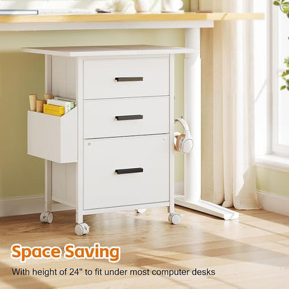 Mexin 3 Drawer File Cabinet with 22'' Extended Desktop, Mobile Filing Cabinet, Printer Stand, Rolling Printer Stand with Side Bag, Fabric Drawer, Fits A4 Size, Home Office, White