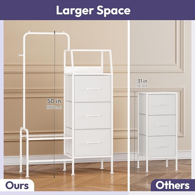 SWTYMIKI Dresser with Hanging Rack - 3 Fabric Drawers Kids Dresser for Bedroom - Reversible Tall Storage Tower, Small Space Clothes Storage Organizer Cabinet for Apartment, Dorm 49.21''H, White
