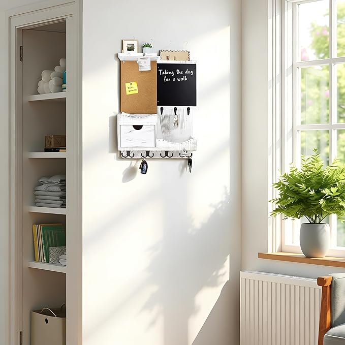 Key Holder Wall Mount， Mail Organizer Key Holder for Wall with Shelf, Drawer, Chalkboard, Corkboard, Home Decor Wall Mounted for Room Entryway(Whitewashed)