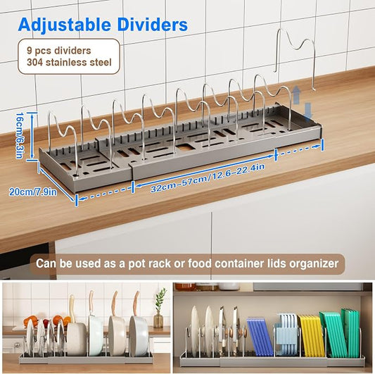 Mustorn Pots and Pans Organizer Under Cabinet, 22" Expandable Food Storage Container Lid Organizers with 9 Adjustable Dividers Pot and Pan Lid Holders Rack Inside Cabinet/Countertop(1 Pack, Gray)