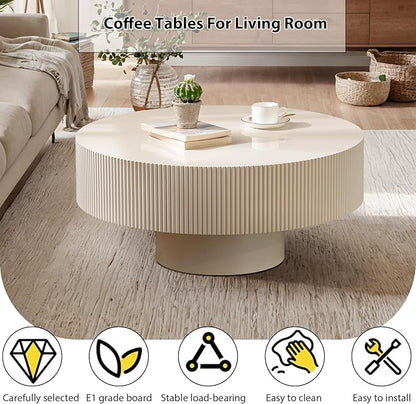 Round Fluted Coffee Table Mid Century Modern Coffee Tables with Handcrafted Relief Circle Drum End Table Rustic Industrial Center Tables for Apartment Living Room (White Round Thick)