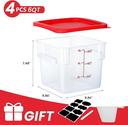 4 Pack Food Storage Containers, 6 Quart with Lids, Square Commercial Containers with Scale, NSF, Polycarbonate, Clear