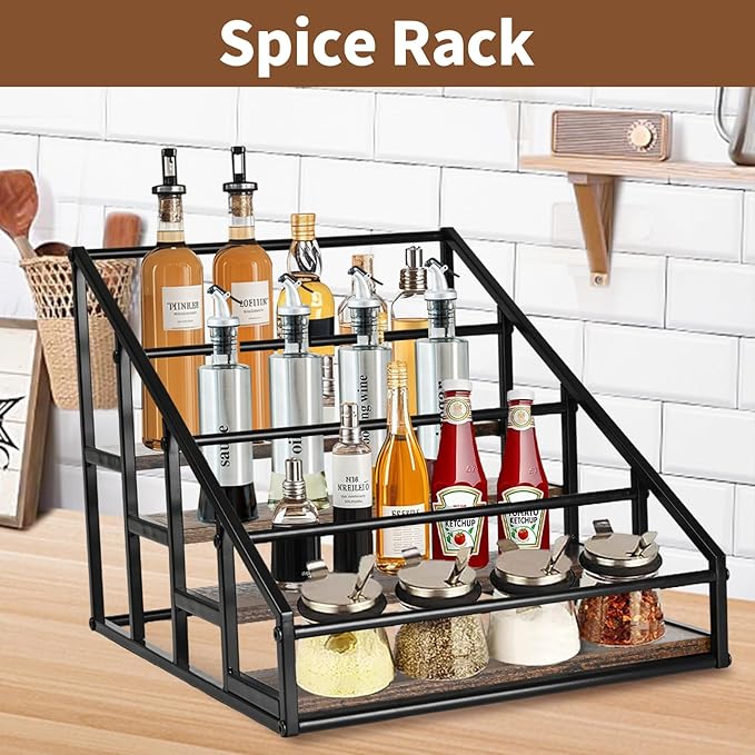 YQBRAO Coffee Syrup Rack Organizer,Liquor Bottle Display Shelf,Water cup display stand,Spice Rack Kitchen Cabinet Organizer,Rustic Brown,2 Packs 4 Tier 16 Bottle Coffee Syrup Holder