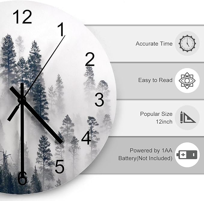 Scenic Nature Wall Clock, Mountain Misty Forest Tree Landscape Foggy Woodland Scenery Round Clocks Wall Decor Silent No Ticking 12 Inch Wooden Clock for Bedroom Living Room Home Office
