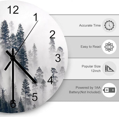 Scenic Nature Wall Clock, Mountain Misty Forest Tree Landscape Foggy Woodland Scenery Round Clocks Wall Decor Silent No Ticking 12 Inch Wooden Clock for Bedroom Living Room Home Office