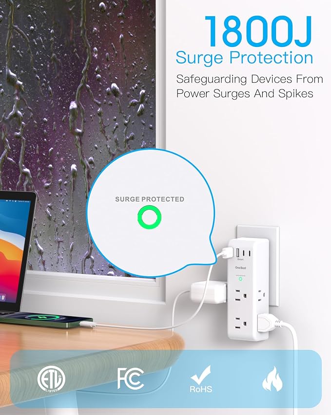Surge Protector Outlet Extender with Rotating Plug, 6 AC Multi Plug Outlet with 4 USB Ports (3 USB C), 1800 J, 3-Sided Swivel Power Strip with Spaced Outlet Splitter for Dorm Office, White-2 Pack