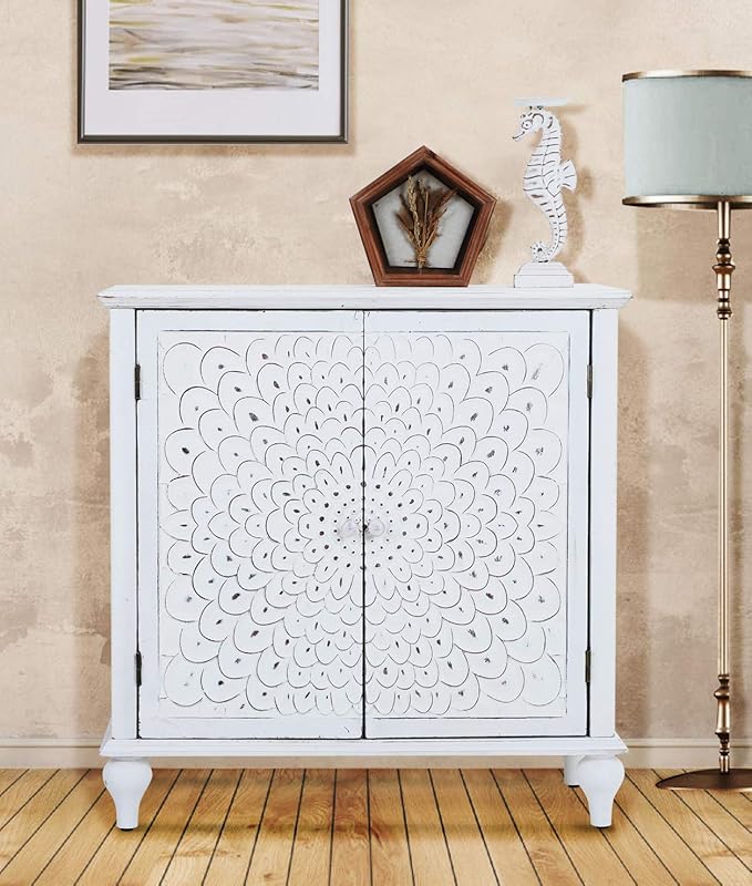 Sophia & William Accent Cabinet with Doors, Distressed Display Storage Cabinet with Wooden Frame and Carved Finch Feather Patterns for Entryway Living Room, White