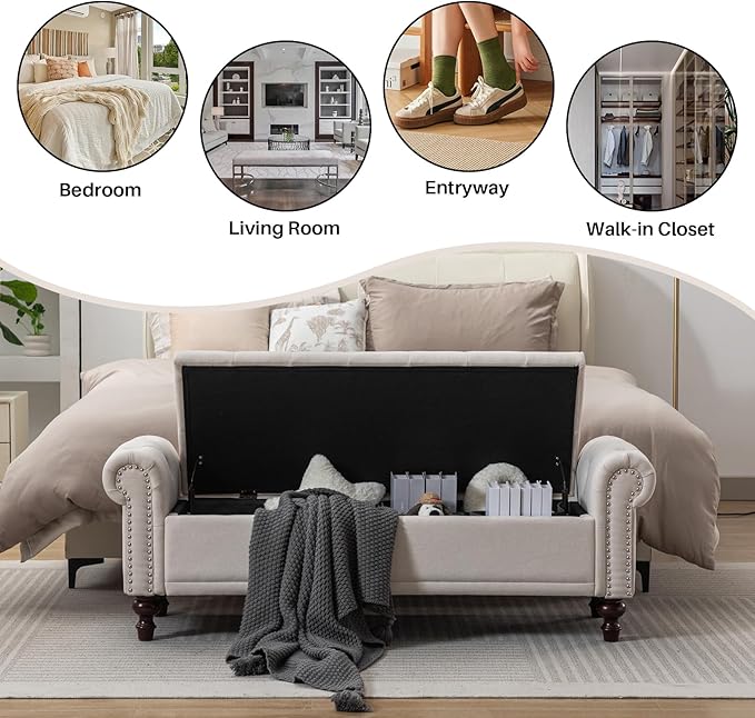 58.1" Storage Bench Upholstered Linen End of Bedroom Bed Bench Ottoman with Tufted Cushioned Rolled Arm Large Storage Space for Reading Living Room Entryway, Beige